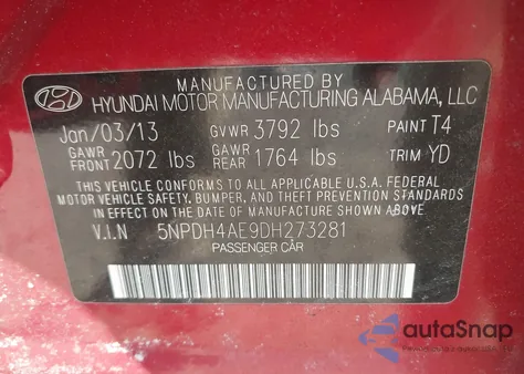 2013 Hyundai Elantra Gls z USA, uszkodzony, nr VIN 5NPDH4AE9DH273281